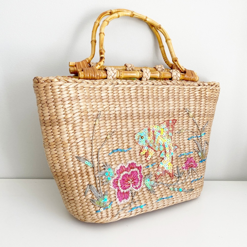 Cappelli Straworld Woven Straw Tote Bag Bamboo Handle Koi Fish Sequin Floral - Picture 8 of 8
